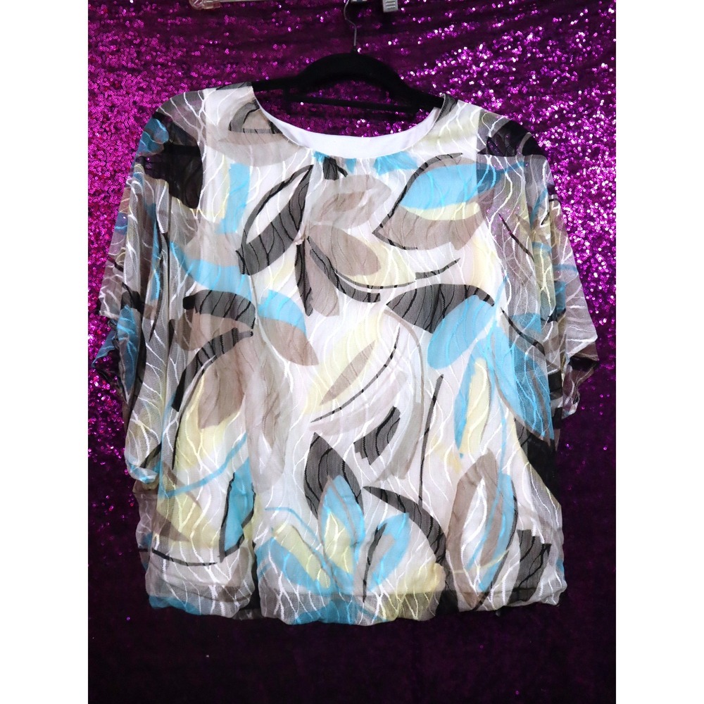 Aqua Leaf Print Blouse M Sheer Mesh Dolman Sleeve Top Beach Tropical Chiffon